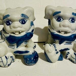 Pair of Vintage Blue & White Porcelain Foo Dog Statues w/ Decorative Motifs